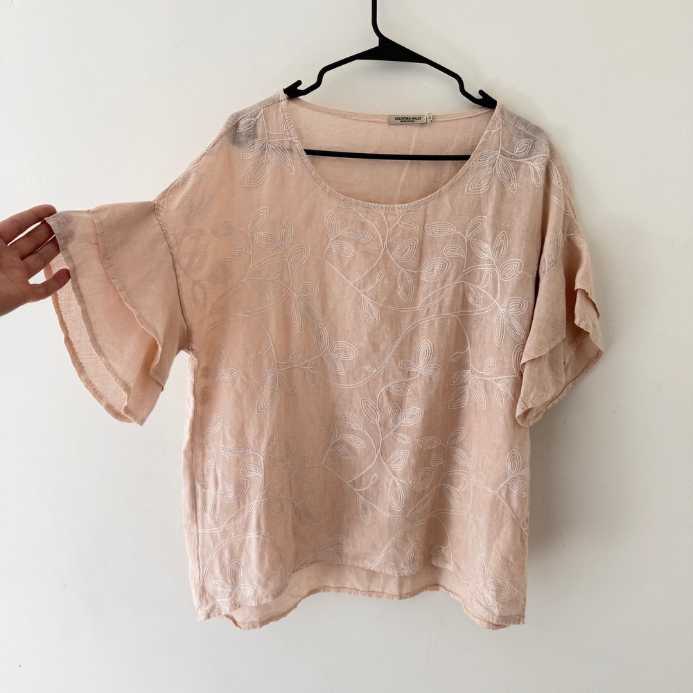Valentina Naldi 100% Linen Top Blush Size L Embroidered Resort Organic Natural